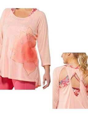 Live Well Active Lotus Open Back 3/4 Sleeve Top Peach Ombré Gold Foil Graphic M